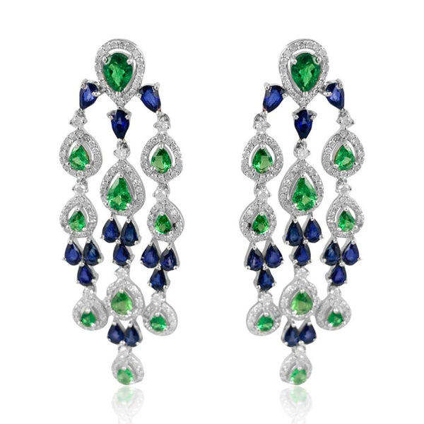 Blue Sapphire & Tsavorite Diamond Chandelier Earrings.  Blue Sapphire: 7.380 ct Tsavorite: 5.430 ct Diamond: 3.24 Silver with Rhodium Plated:14.43 grams 14K Gold Post: 0.18 grams