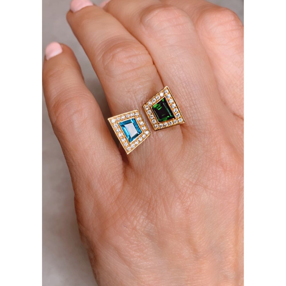Blue Topaz & Chrome Diopside Open Square Ring
