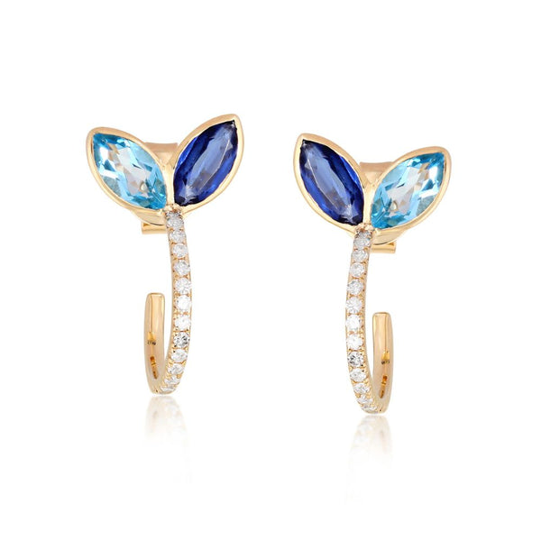 Blue Topaz & Kyanite Leaf Huggie Earrings.  14K Yellow Gold weight: 3.2 grams Diamond: 0.2 ct Blue Topaz: 1.07 ct Kyanite: 1.03 ct