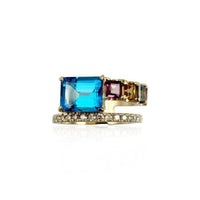 Unique design of this 14K Gold Tourmaline & Blue Topaz ring.  Diamonds: 0.29 ct Blue Topaz: 3.30 ct Tourmaline: 0.98 ct 14K Yellow Gold weight: 4.66 grams