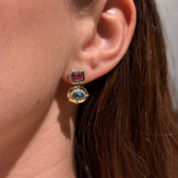 Blue & Pink Topaz on Yellow Gold Earrings