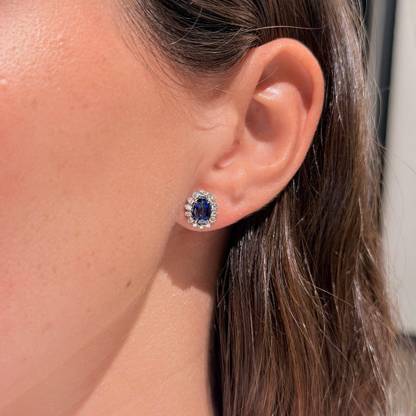 Blue Sapphire & Diamond Halo Earrings