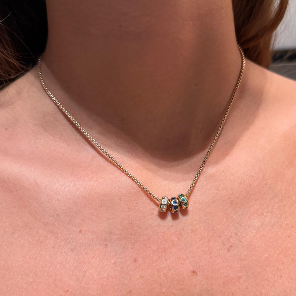 Blue Sapphire, Emerald & Diamond  Mini Rings on 14K Yellow Gold Necklace