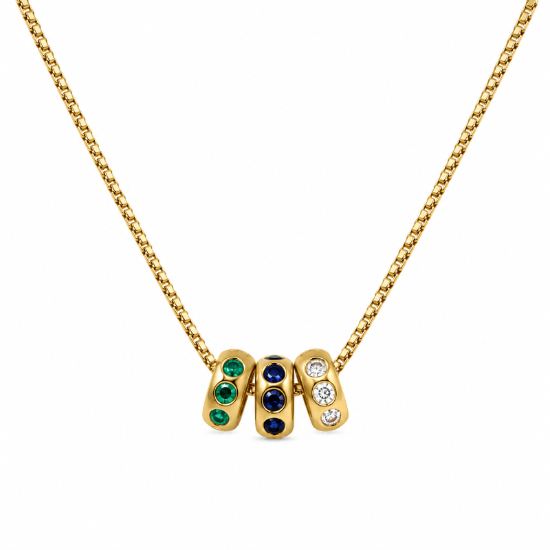 Blue Sapphire, Emerald & Diamond  Mini Rings on 14K Yellow Gold Necklace