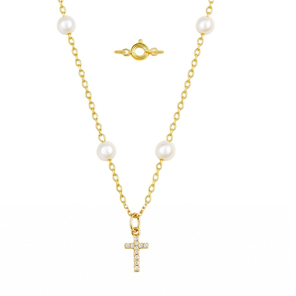 Diamond Cross with Pearls Pendant on 14K Yellow Gold Necklace