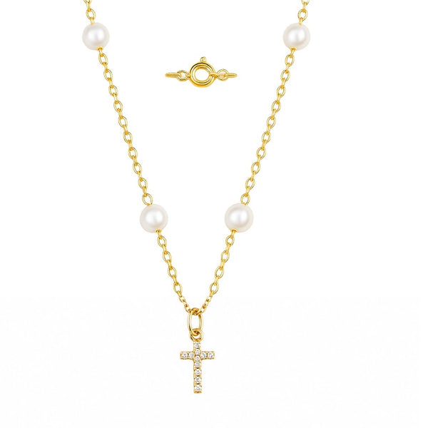 Diamond Cross with Pearls Pendant on 14K Yellow Gold Necklace