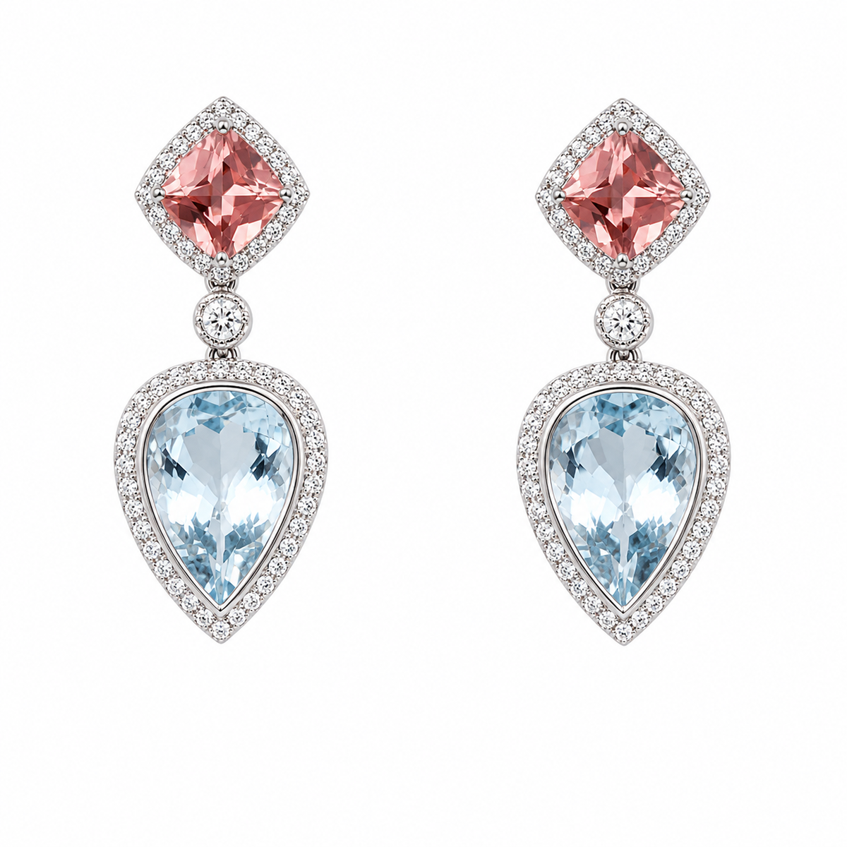 Aretes de aguamarina en forma de lágrima y turmalina rosa con diamantes