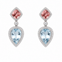 Aretes de aguamarina en forma de lágrima y turmalina rosa con diamantes
