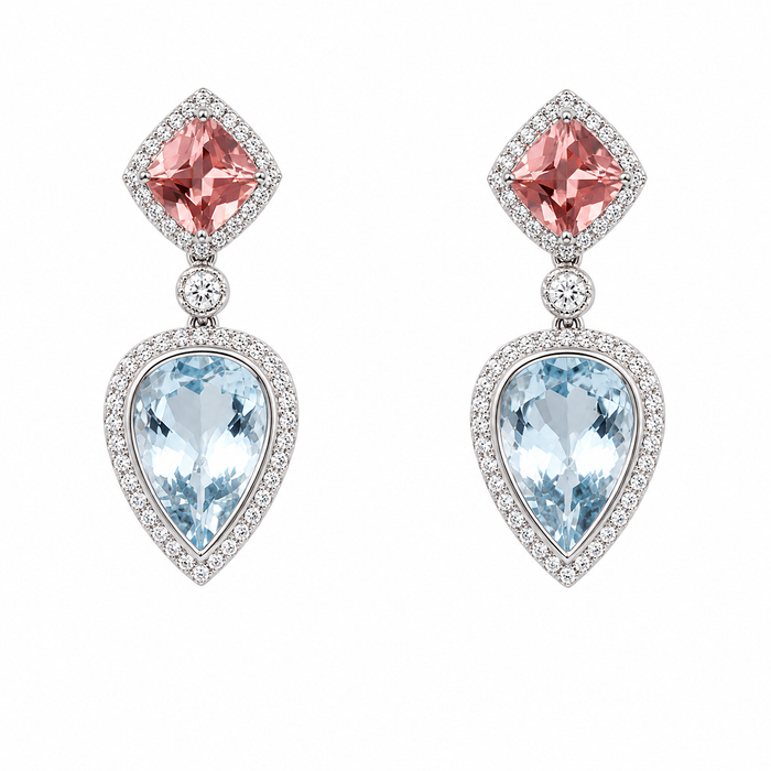 Aretes de aguamarina en forma de lágrima y turmalina rosa con diamantes