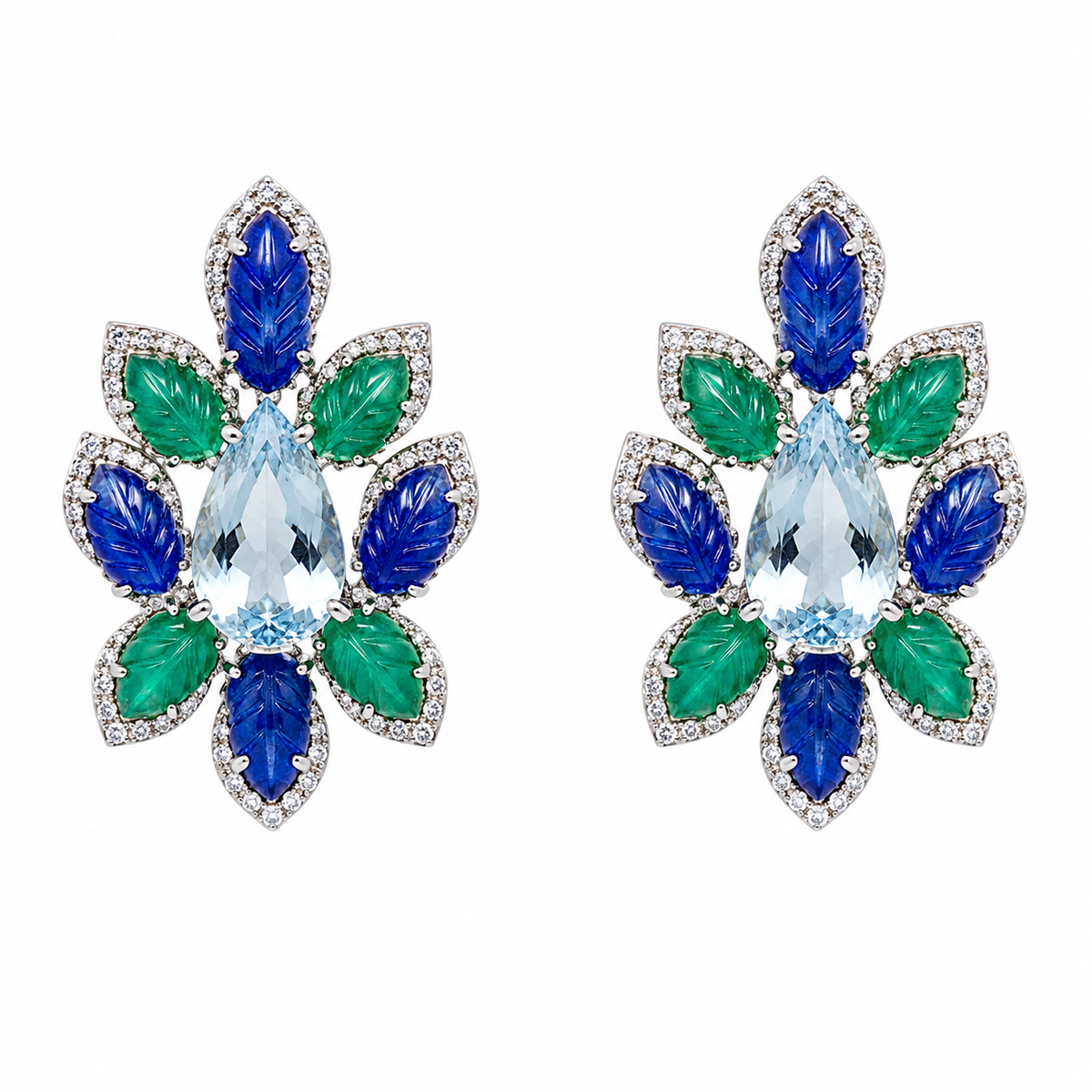 Aretes estilo flor de aguamarina, esmeralda y zafiro