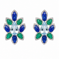 Aretes estilo flor de aguamarina, esmeralda y zafiro