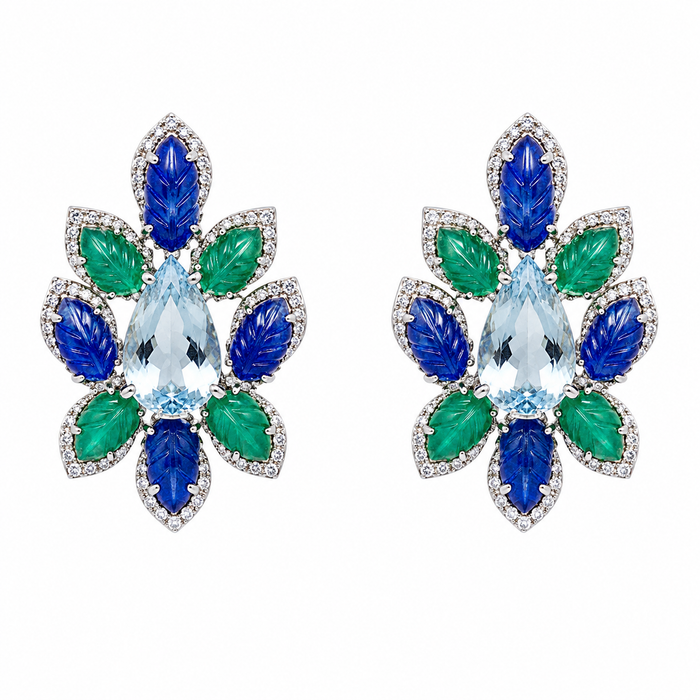 Aretes estilo flor de aguamarina, esmeralda y zafiro