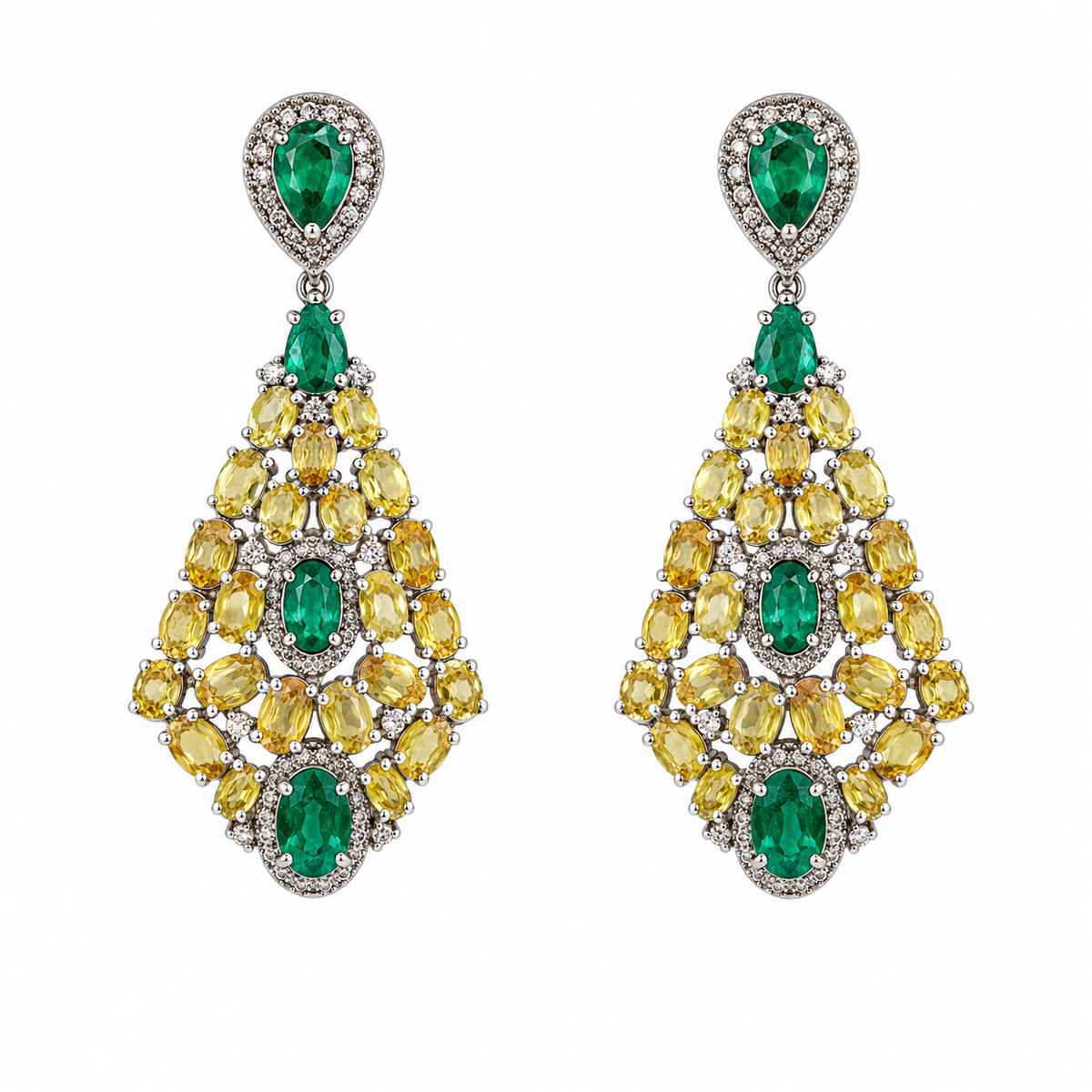 Aretes largos de esmeralda y zafiro amarillo