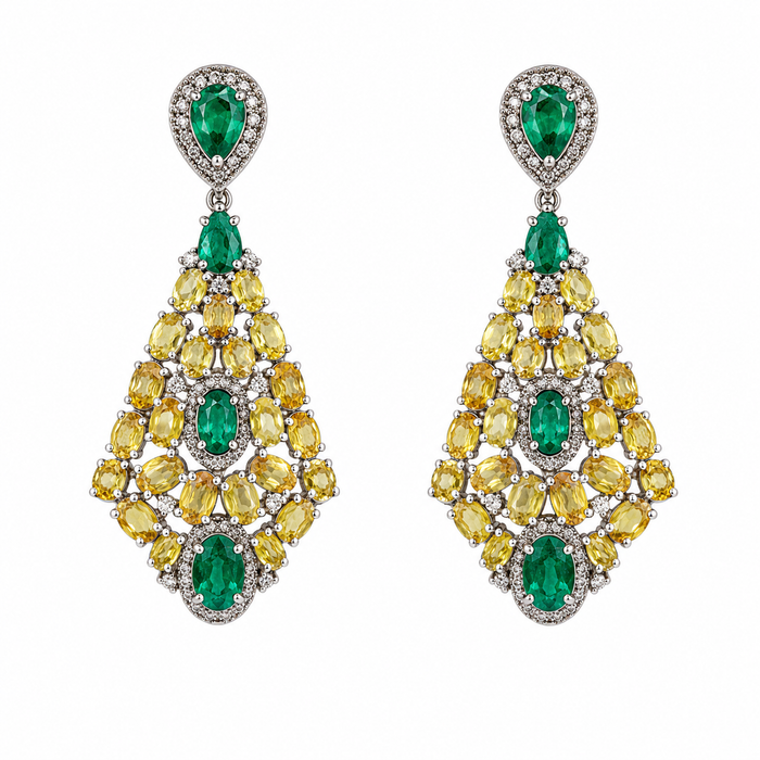Aretes largos de esmeralda y zafiro amarillo