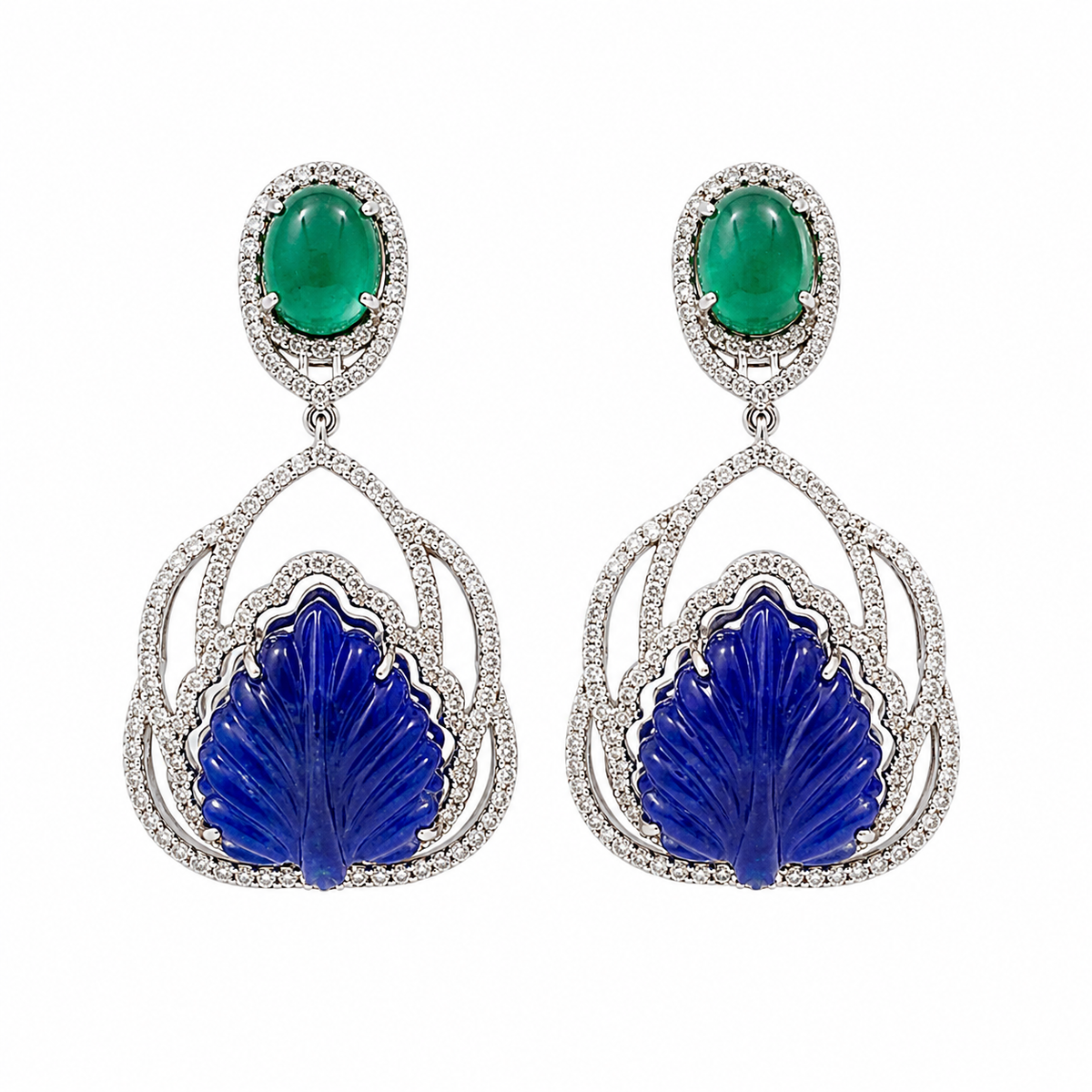 Aretes como hoja de loto en esmeralda y tanzanita con diamantes