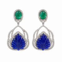 Aretes como hoja de loto en esmeralda y tanzanita con diamantes