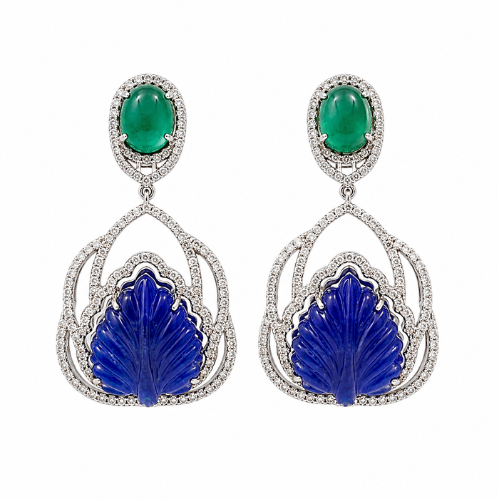 Aretes como hoja de loto en esmeralda y tanzanita con diamantes