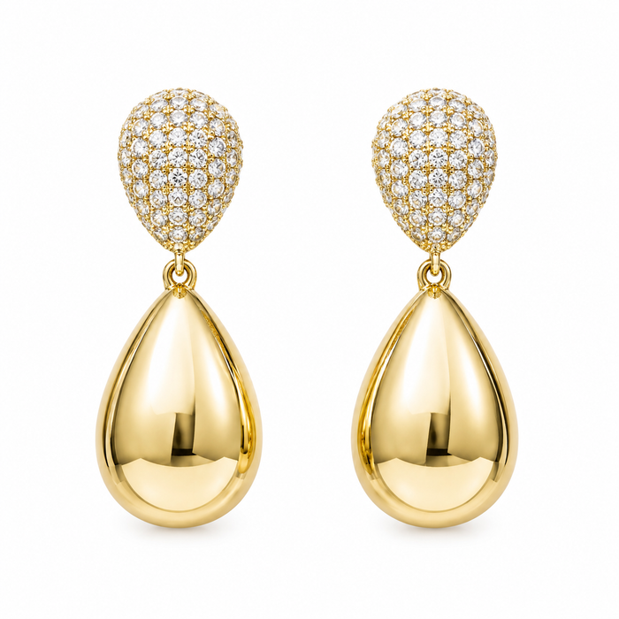 Gold teardrop earrings with diamond pave