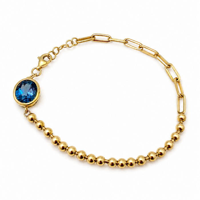 Blue Topaz with 14K Yellow Gold Beads & Paperclip Bracelet