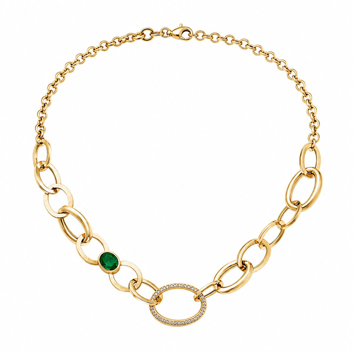 14K Yellow Gold Ovals with Emerald & Diamonds Pendant