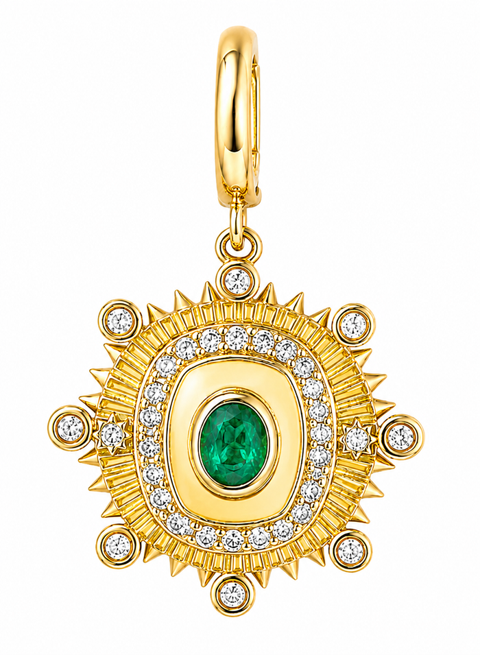 Dije como rayos del sol con esmeralda y diamantes en oro amarillo 