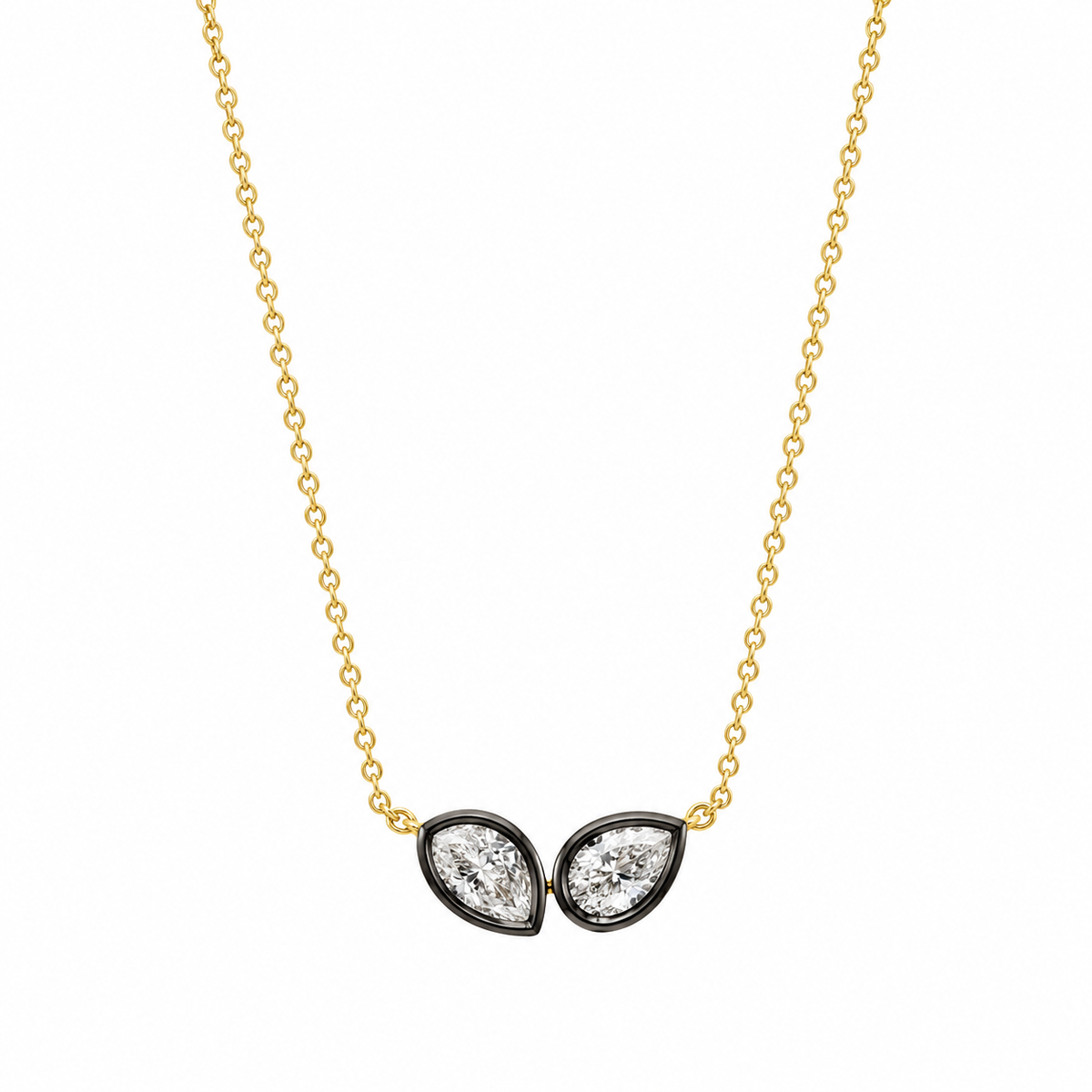 Georgian Style Double Diamonds Pendant on 14K Yellow Gold Necklace