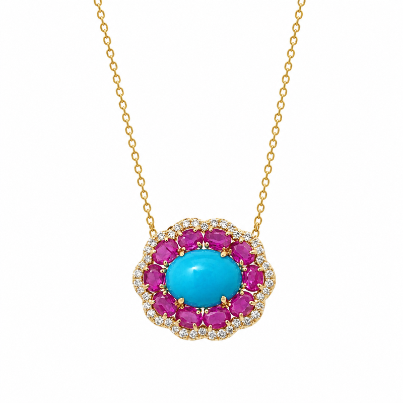 Set Turquoise with Ruby and Diamonds Necklace & Earrings