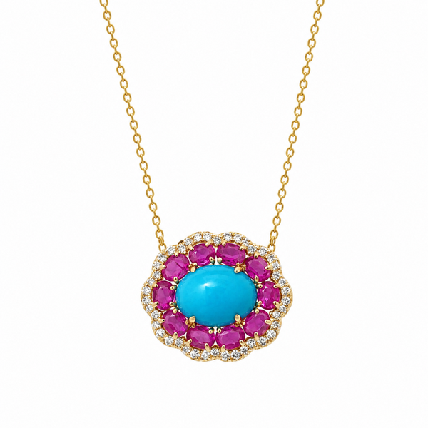 Set Turquoise with Ruby and Diamonds Necklace & Earrings