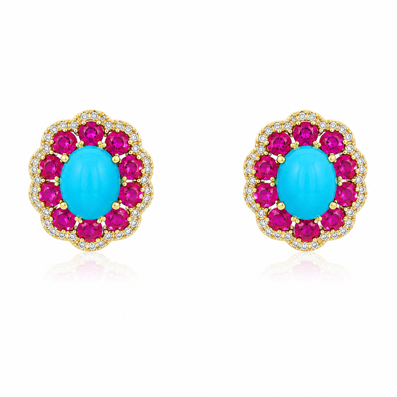 Set Turquoise with Ruby and Diamonds Necklace & Earrings