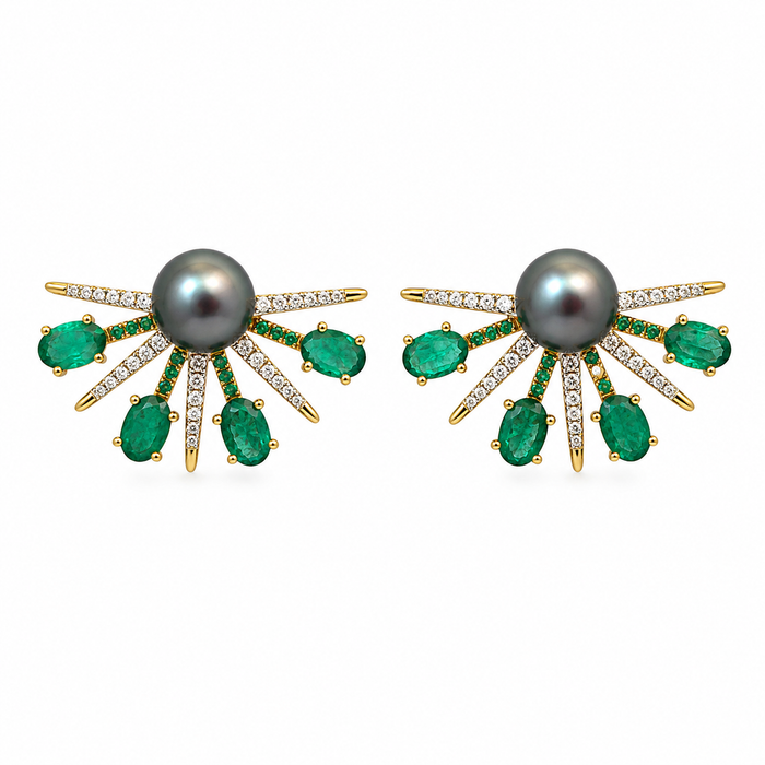 Gray Pearl & Emerald Fan with 14K Yellow Gold Earrings