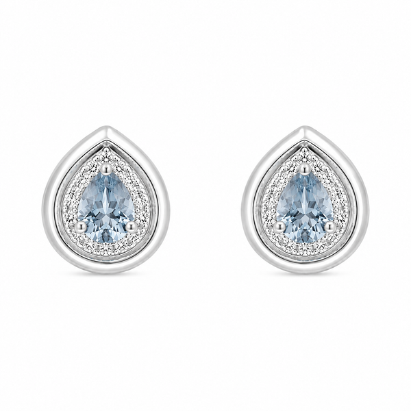 Set of 18K White Gold Drop Aquamarine with Diamonds Pendant & Earrings