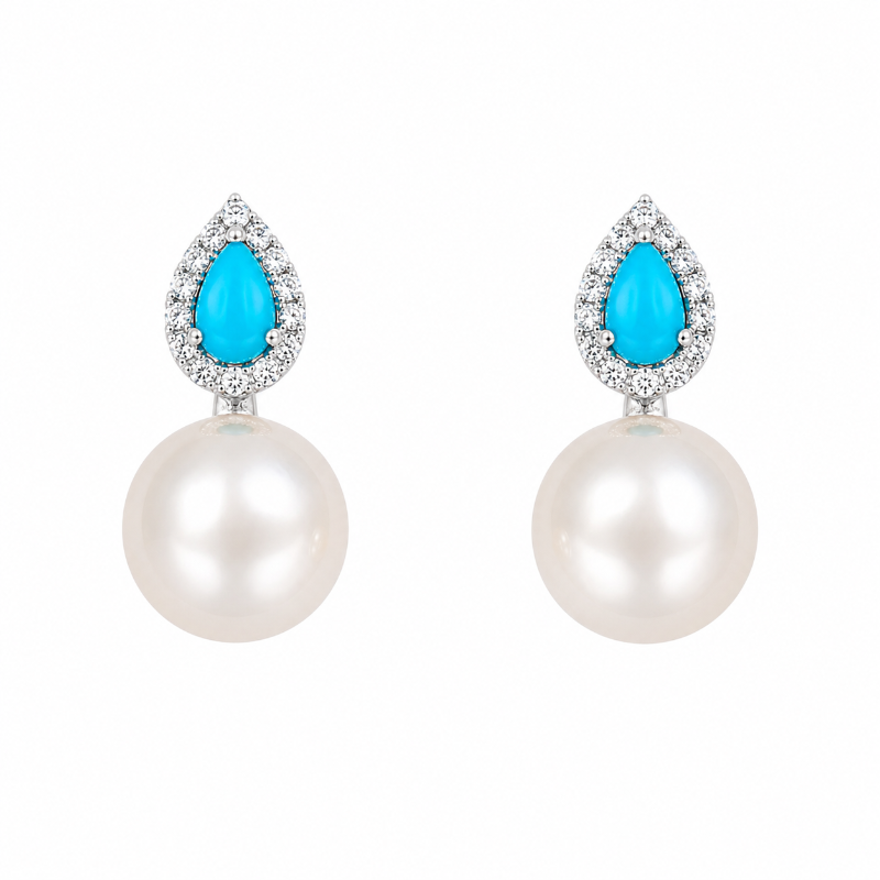 Pearl & Turquoise with Diamonds on Yellow Gold Earrings