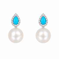 Pearl & Turquoise with Diamonds on Yellow Gold Earrings