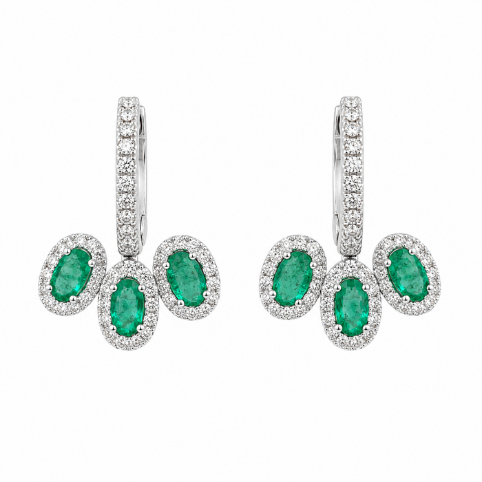 Three Emerald & Diamond on 14K Yellow Gold Earrings