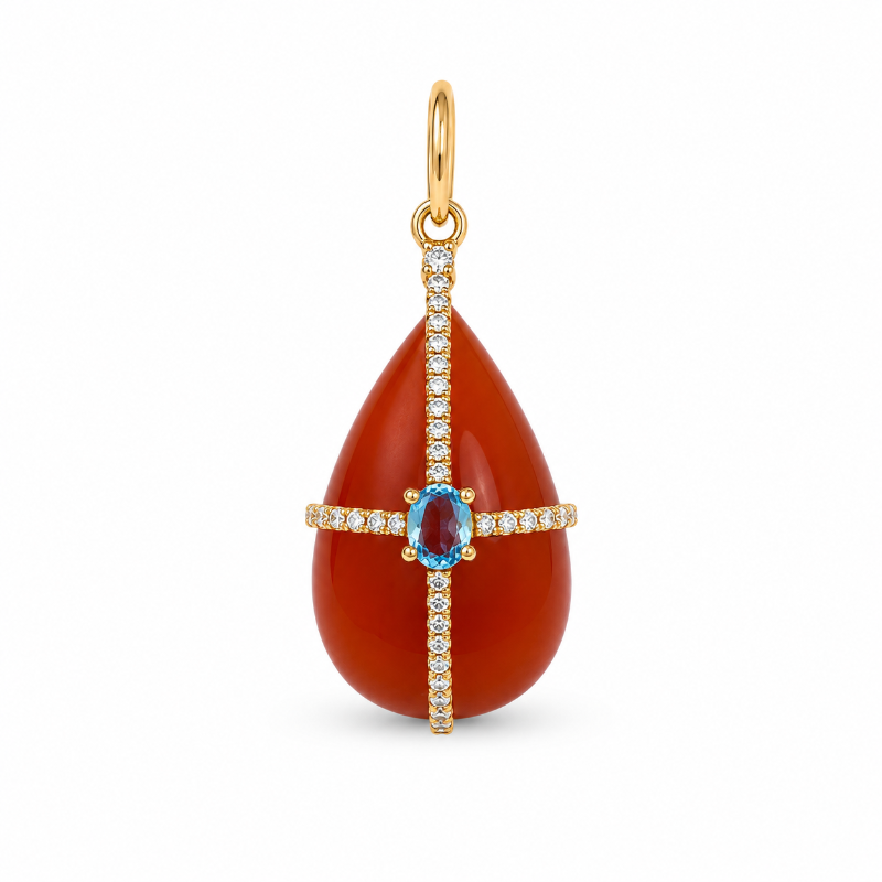 14K Yellow Gold Cornelian & Blue Topaz with Diamonds Charm