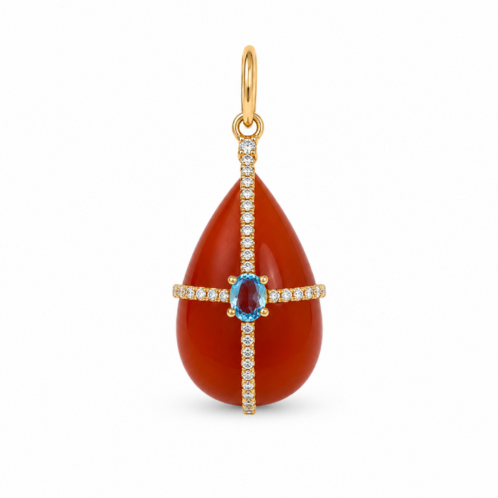 14K Yellow Gold Cornelian & Blue Topaz with Diamonds Charm