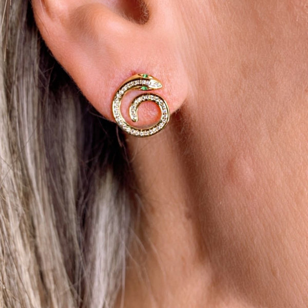 Coil Snake Tsavorite Stud Earrings with 14K Yellow Gold, modern and everyday, they  will become your personal favorite.