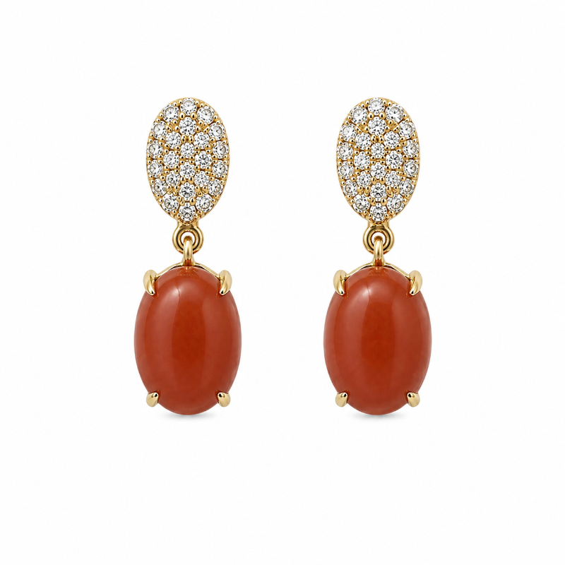 Coral & Diamond with 18K Yellow Gold Earrings