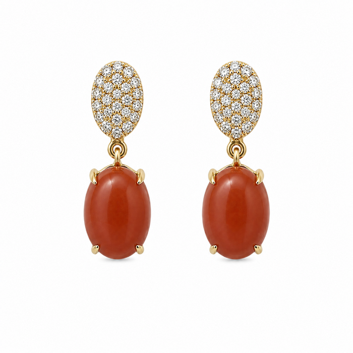 Coral & Diamond with 18K Yellow Gold Earrings