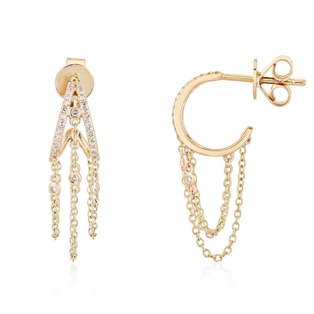 Curve Studs Diamond with Gold Chain Earrings.  14K Yellow Gold weight: 2.76 ct Diamond: 0.22 ct