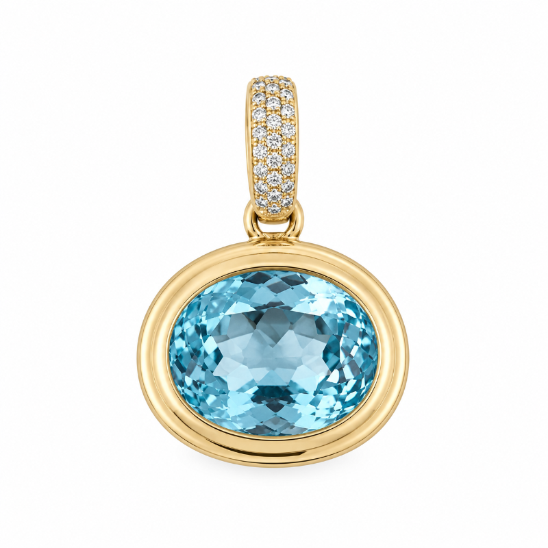 Large Oval Sky Blue Topaz & Diamonds on 14K Yellow Gold Pendant