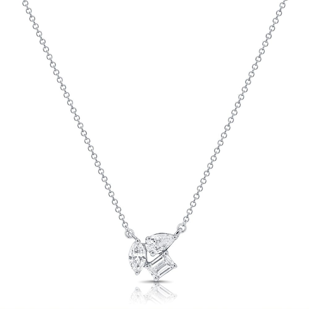 Diamond Trio Pendant with 14K White Gold Necklace.  14K White Gold weight: 2.23 grams 1 Emerald Cut Diamond: 0.20 ct 1 Marquise Diamond: 0.15 ct 1 Pear Diamond: 0.20 ct Chain size: 16"-18"
