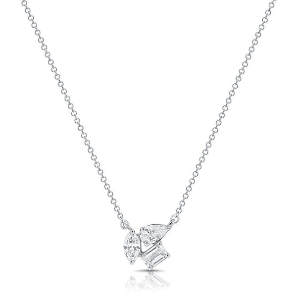 Diamond Trio Pendant with 14K White Gold Necklace.  14K White Gold weight: 2.23 grams 1 Emerald Cut Diamond: 0.20 ct 1 Marquise Diamond: 0.15 ct 1 Pear Diamond: 0.20 ct Chain size: 16"-18"