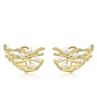 14K Yellow Gold with Pearl & Diamond Winged Earrings