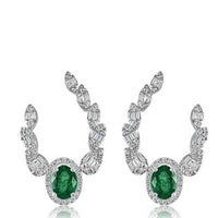 18K White Gold Diamond Leaf & Emerald Earrings