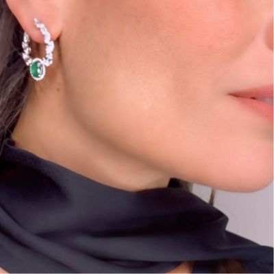 18K White Gold Diamond Leaf & Emerald Earrings