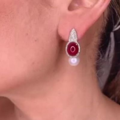 Pearl with Ruby Cabochon & Diamond Earrings