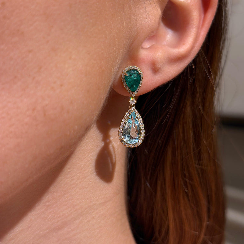 Double Drop Aquamarine & Emerald with Diamond on  18K Yellow Gold Earrings
