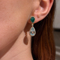 Double Drop Aquamarine & Emerald with Diamond on  18K Yellow Gold Earrings