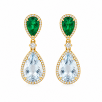 Double Drop Aquamarine & Emerald with Diamond on  18K Yellow Gold Earrings